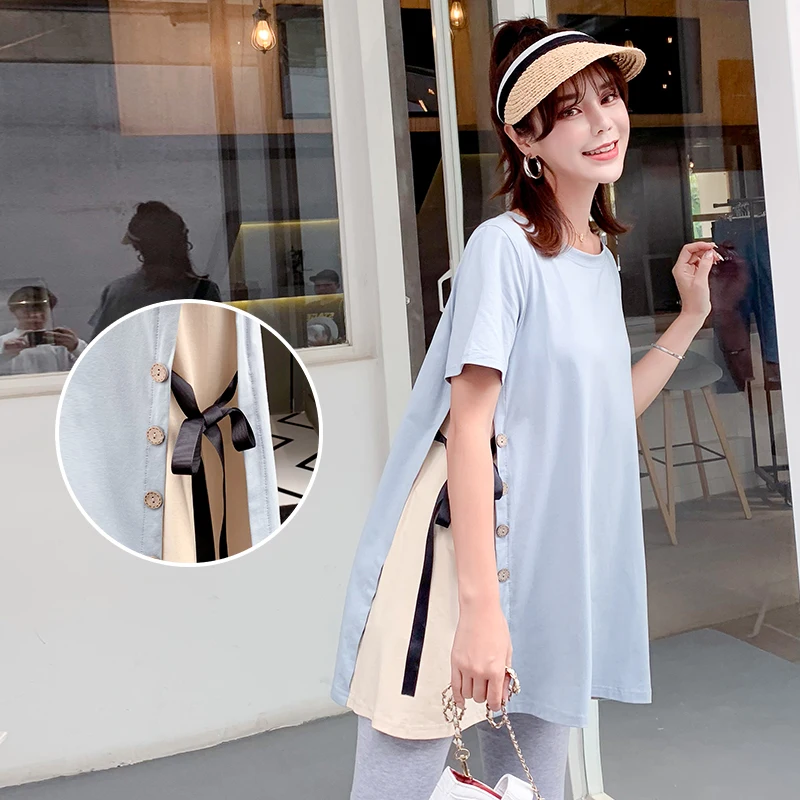 Свободная футболка для беременных # Summer A Line с Боковым Разрезом лоскутные