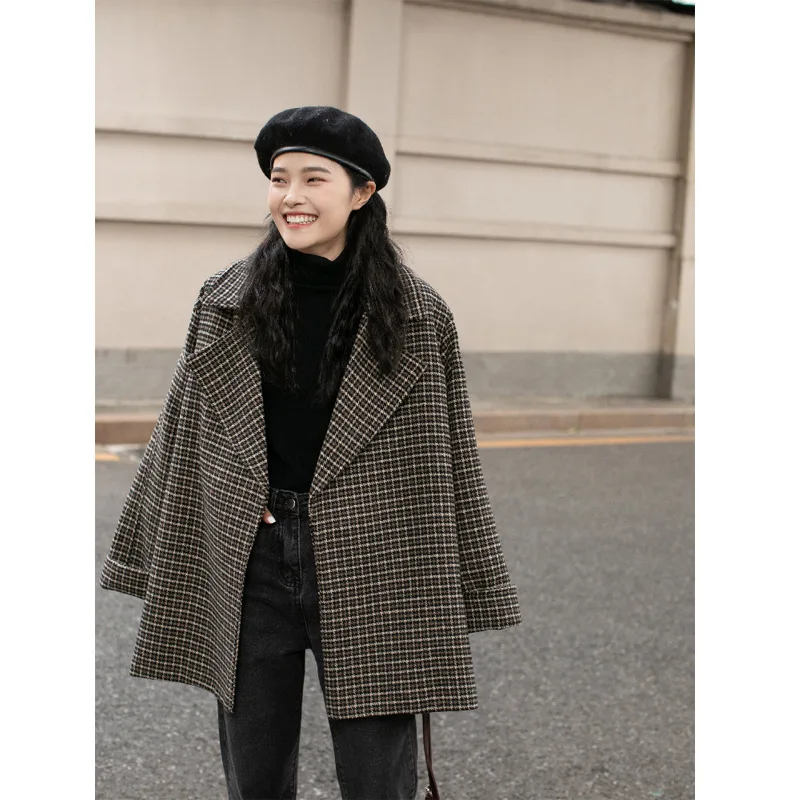 Thousands of Birds Woolen Jacket Women's Autumn And Winter Woolen Cloth Suit Overcoat Mid-length Thick New Style Popular Ho