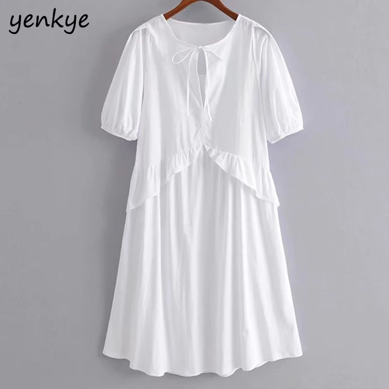 

New 2019 Women Short Sleeve Ruffle Summer White Dress Lady Lace Up Round Neck Casual Plus Size Dress Midi vestidos HHWM2157