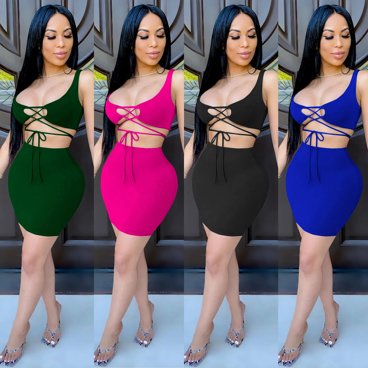 Zoctuo Solid Sexy Women Two Pieces Set Lace Up Crop Top Bodycon Mini Skirts Tracksuit 2020 Summer Deep V Club 2 Piece |