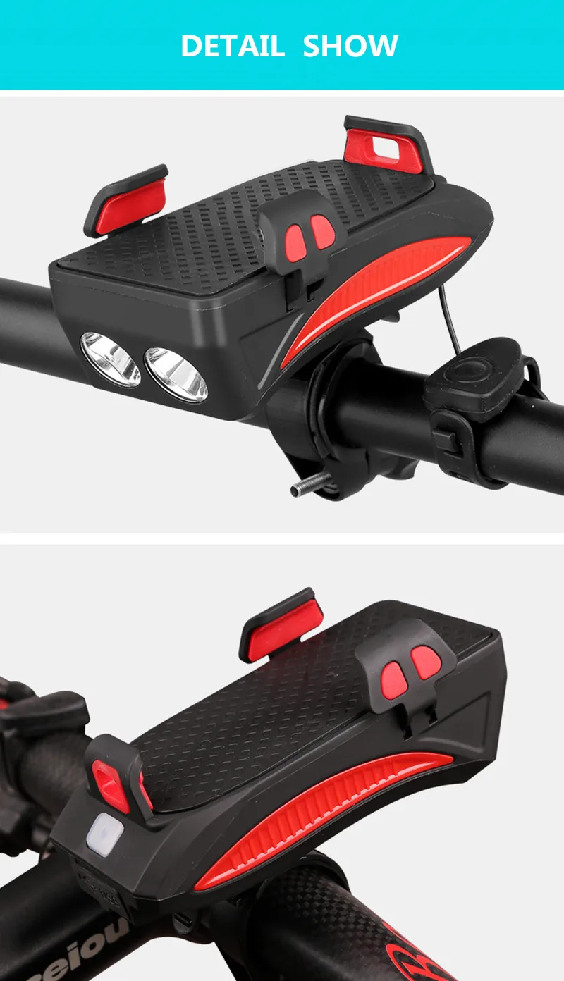Excellent Waterproof Bicycle Front Lights 4 in1  Phone Holder Bike Horn USB Rechargeable Cycling  Flashlight With Power Bank Hiking tools 14