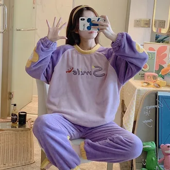 

2020 Cute Pajamas Female Winter Cartoon Warm and Comfortable Casual Hood Long Sleeve Flannel Sweet Women's Home Clothes