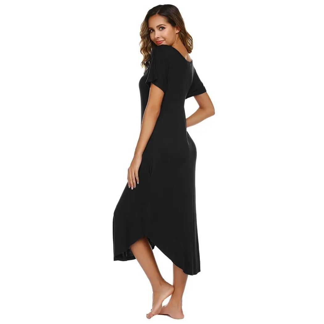 

Women Casual V Neck Short Sleeve Below Knee Nightshirt Long Nightdress Nightwear, Summer None Sleepwear Solid