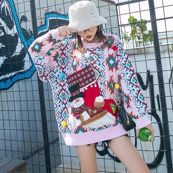 

New women sweater knitted cute rainbow plus size Christmas stocking retro fashion