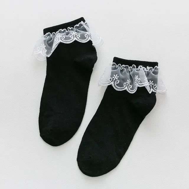Women Lace Mesh Black White Cotton Socks Lolita Style Japanese Maiden Lovely Short Socks Harajuku Frilly Ruffle Princess Socks Black