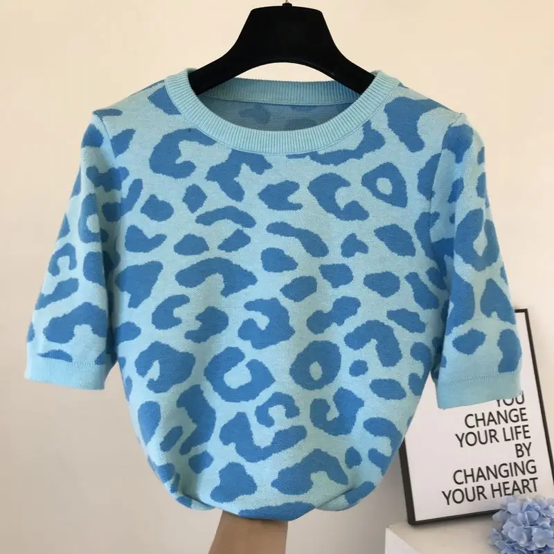 

2020 Autumn Short Sleeve Sweater Womans Sweaters New Korean Style Color Leopard Knitted Shirt Top Female Fall Cloth Jumper