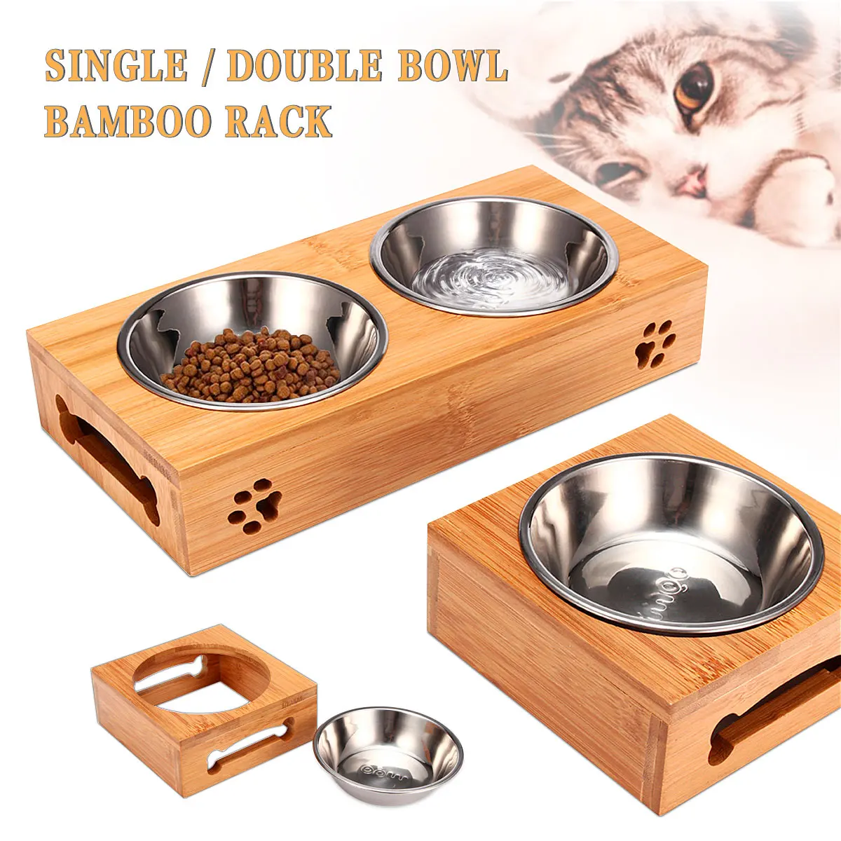 Double Single Dog Bowls for Pet Cat Puppy Stainless Steel Bamboo Rack Food Water Bowl Feeder Cats Feeding Dishes Dogs | Дом и сад
