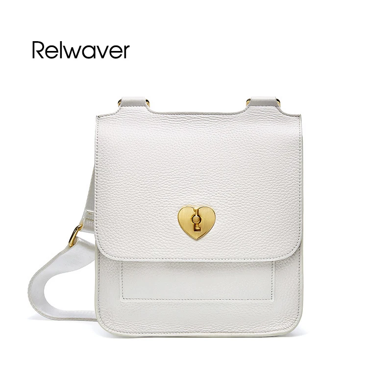 

Women messenger bags genuine leather vertical shape flap heart rotating lock white black European American stylish shoulder bag