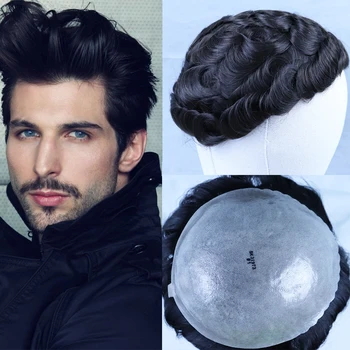 

YY Wigs Brown Mixed Grey Human Hair Men's Toupee 8x10 Skin PU 7x9 Human Hair Toupee for Men Remy Hair Replacement System Wigs