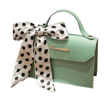 

French Women Handbag Vintage Mini Ladies Purse Crossbody Leather Messenger Bag Square Chain Bag with Black White Dots Ribbon