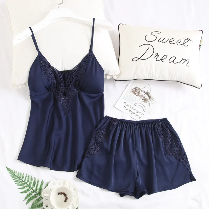 

2019 Sleep Lounge Women Pajamas Set With Shorts Sexy Satin Pyjama Sleepwear Pyjama Sleeveless Lace Pijama With Chest Pad