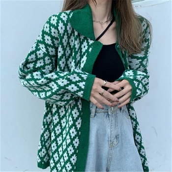 

Women Knit Cardigans Autumn Casual Diamond Lattice Flowers Partten Lapel Single Breasted Warm Sweaters Jackets Lady