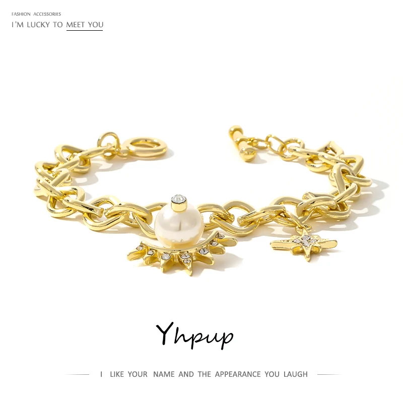 Yhpup Trendy Copper Gold Women Bracelet Rhinestone Imitation Pearls Bangle Moon Star Romantic Fashion Jewelry Accessories Gold