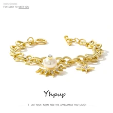 Yhpup Trendy Copper Gold Women Bracelet Rhinestone Imitation Pearls Bangle Moon Star Romantic Fashion Jewelry Accessories Gold