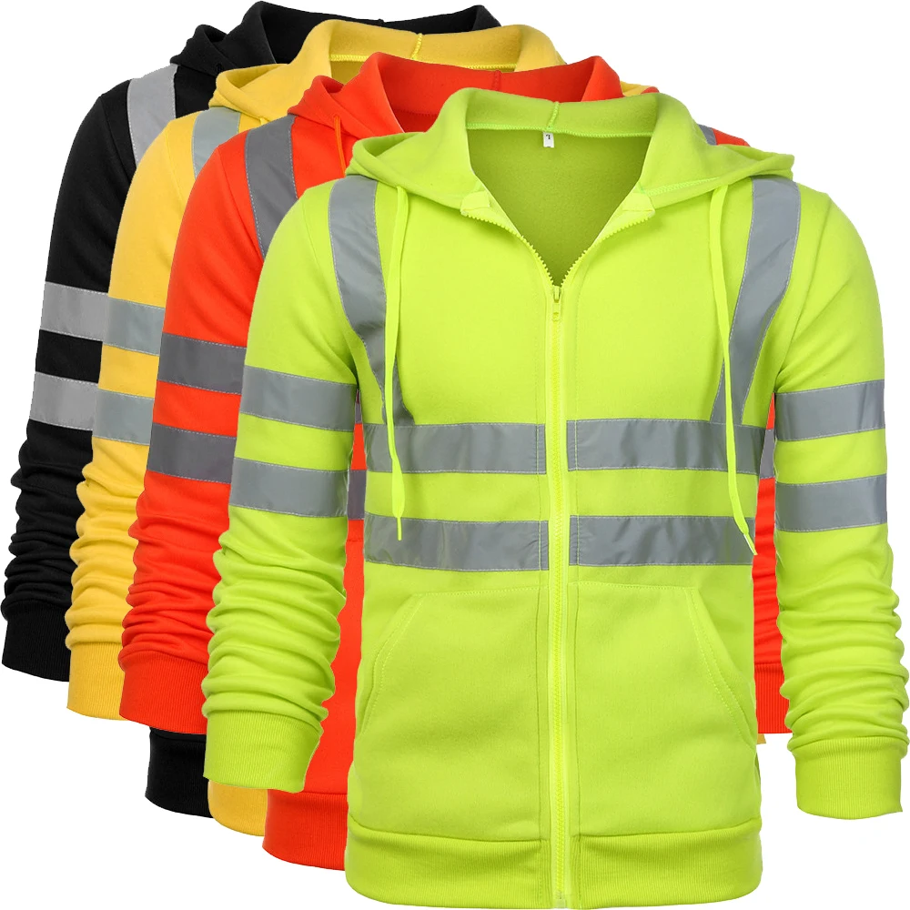 Men's High Visibility Safety Hoodied Sweatshirt Pullover Hi Vis Fleece jacket With Reflective Tripes Workwear reflective vest safety vest high visibility vest men reflective hoodie