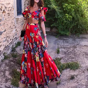 

Summer 2 Piece Sets Women Floral Skirts Suits Sexy Cropped Top +maxi Dress Long Pleated Skirts Bohemian Boho Clothing Woman Suit