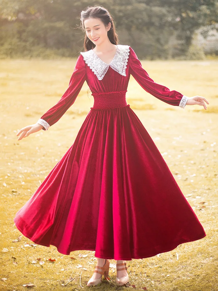 

Free Shipping New Boshow Autumn Vintage Velvet One-piece Long Maxi Long Lantern Sleeve Dress Elastic High Waist Turn Down Collar