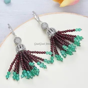

GuaiGuai Jewelry Round Red Garnet Green Agate Cz Pave lever back Gems Stone Earrings