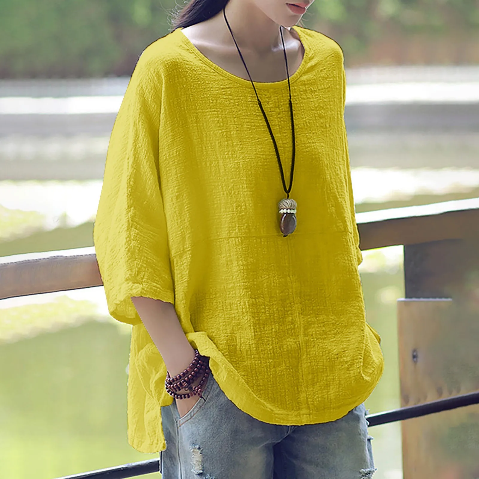 tshirt women 2021 Casual Solid Color Loose Cotton Linen Medium Sleeve Large Size Tops camisetas de mujer футболка женский 2