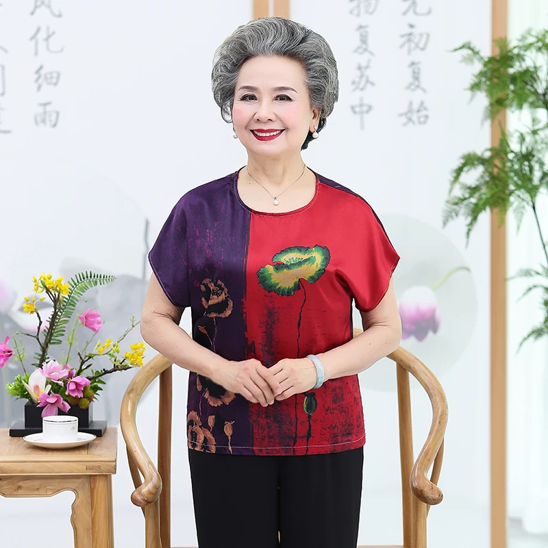 

Elderly Women Summer Lotus flower Printing Silk Stain Blouses Red Green Chinese Style Pattern Tops Female Mother Thin Blouse New