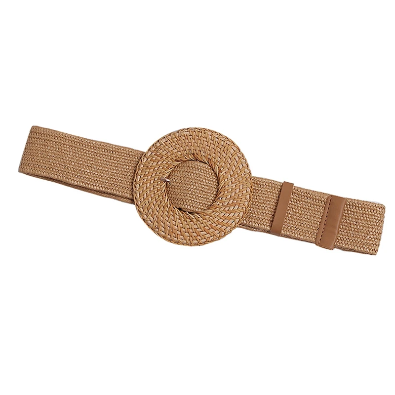 

Straw Knitted Round Buckle Personality Long Wide Belt Women Fashion Tide All-Match