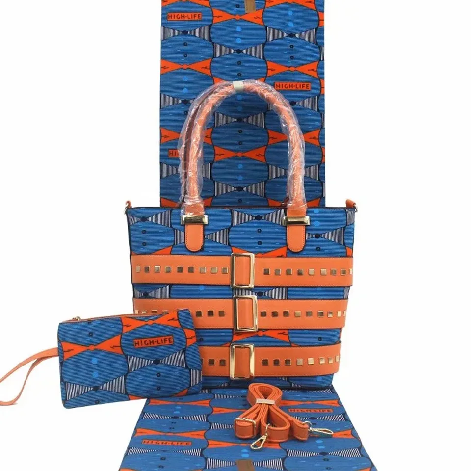 3pcs African Tote Bag Set ,ankara Clutch Set, Blue Peach African Print Bag And Matching Ethnic
