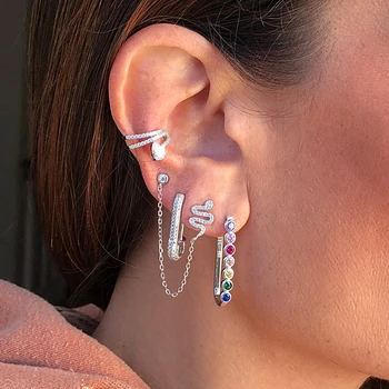 

5A cubic zirconia high quality fashion jewelry rainbow CZ rectangle hoop earring for women