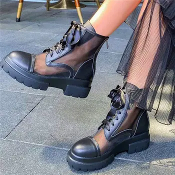 

Fashion Women's Summer Black Cow Leather Round Toe Ankle Boots Low Heel Lace Up Oxfords Military Riding Shoes