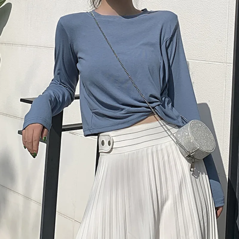 

LANMREM Solid Color Round Neck Long Sleeve Knotted Short Paragraph Belly Navel Woman T-shirt Wild Fashion 2019 Autumn New TV365