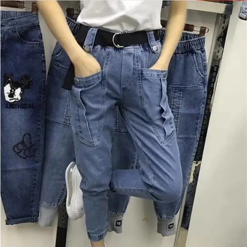 Streetwear Harem Jeans Women High Waist Elastic Mom Jeans Plus Size 3XL Denim  Ankle-Length Pants Vintage Stretch Trousers