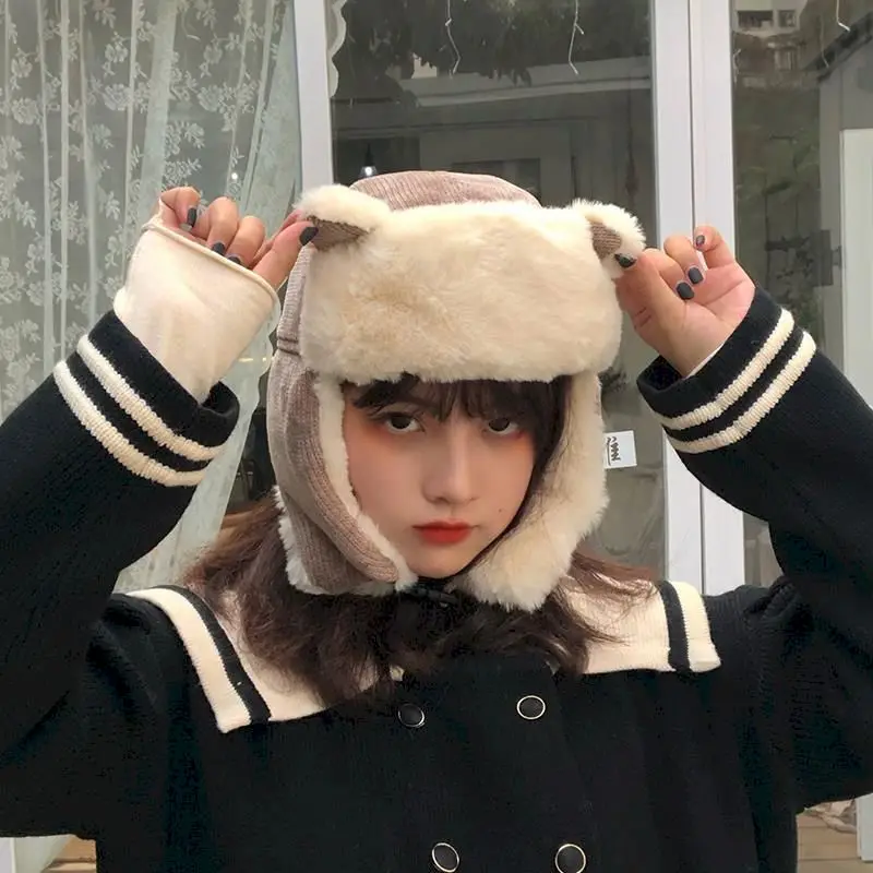 

Female cat ears Lei Feng hat Korean cute autumn and winter cycling windproof hat winter baby cold and warm cotton hat Kawaii