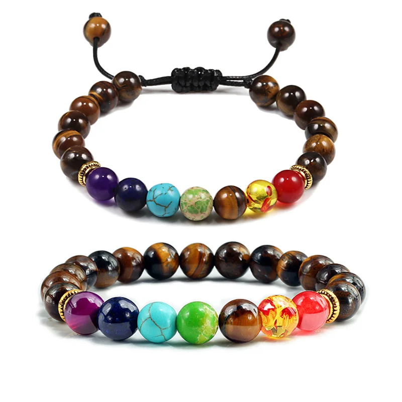 Men Women 7 Chakra Beaded Bracelets Bangles Healing Tiger Eye Stone Chakra Prayer Charm Buddha Bracelet Adjustable Jewelry Gifts