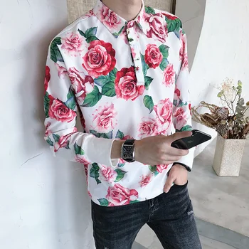 

Rose Printing Men Dress Shirts Casual Slim Fit Long Sleeve Shirt Men Streetwear Social Night Club Tuxedo Male Clothing Camisa