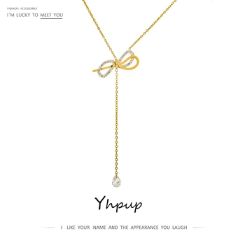 

Yhpup Exquisite Butterfly Pendant Long Chain Necklace Stainless Steel Cubic Zirconia Collier Luxury Rhinestone Choker Necklace