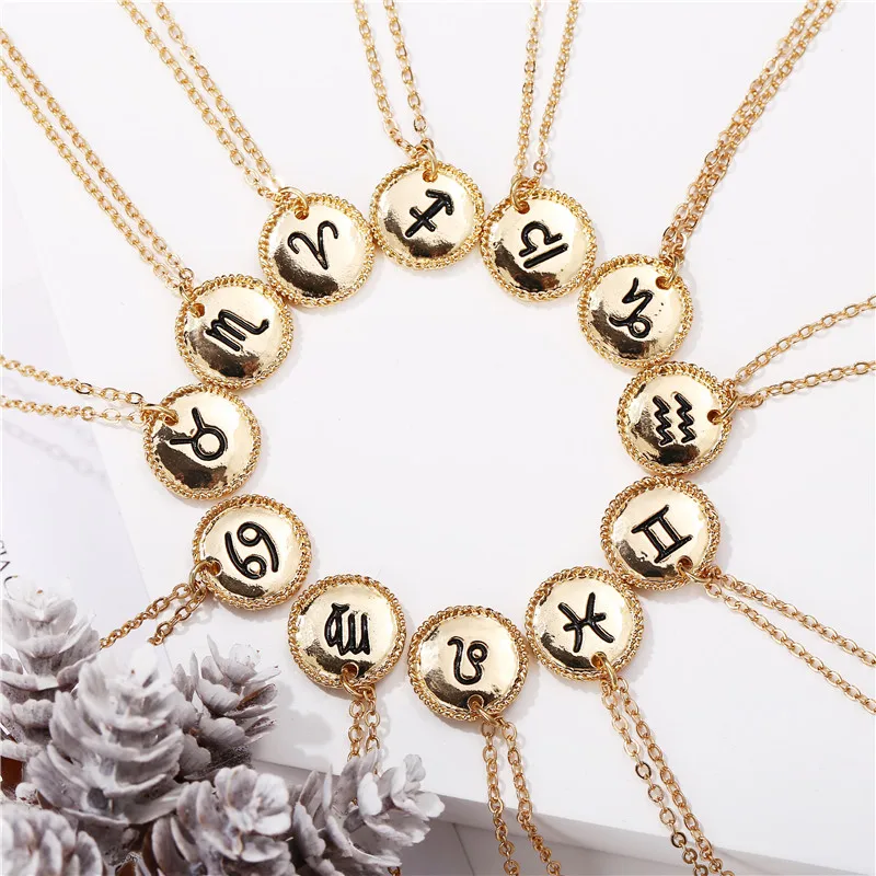 17KM 12 Constellation Star Zodiac Necklace For Women Elegant Coin Pendants Necklaces Gold Metal Choker Fashion Jewelry Gifts