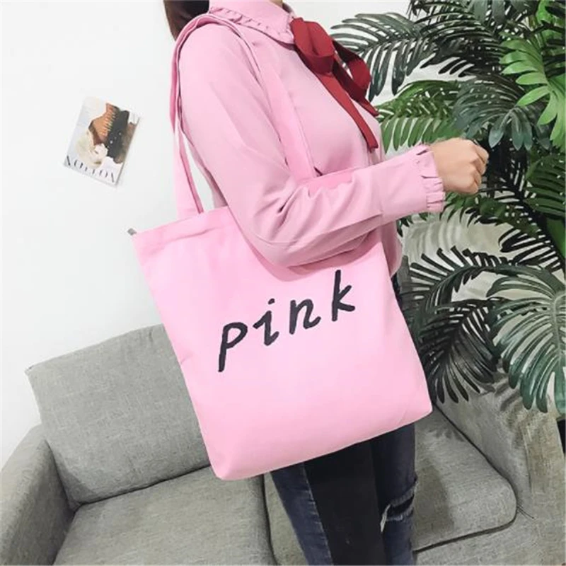 Модная Холщовая Сумка с буквенным принтом для женщин и девочек, простая вместительная сумка для хранения, сумка на плечо, многоразовая сумка для покупок - Цвет: Pink