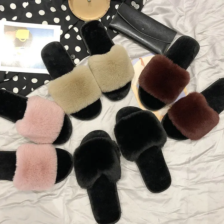

Autumn and Winter New Style Household Plush Slipper Female Simple A- line Open Toe Fur Slipper Anti-slip Soft cotton slipper Onl