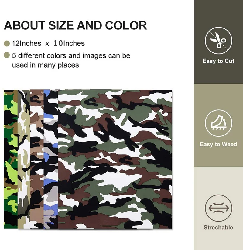 Camouflage TPU Heat Transfer Vinyl Cutting Hot Press Film Iron-on T-Shirt HTV Printing Pattern for Fabric Craft Decor For cut