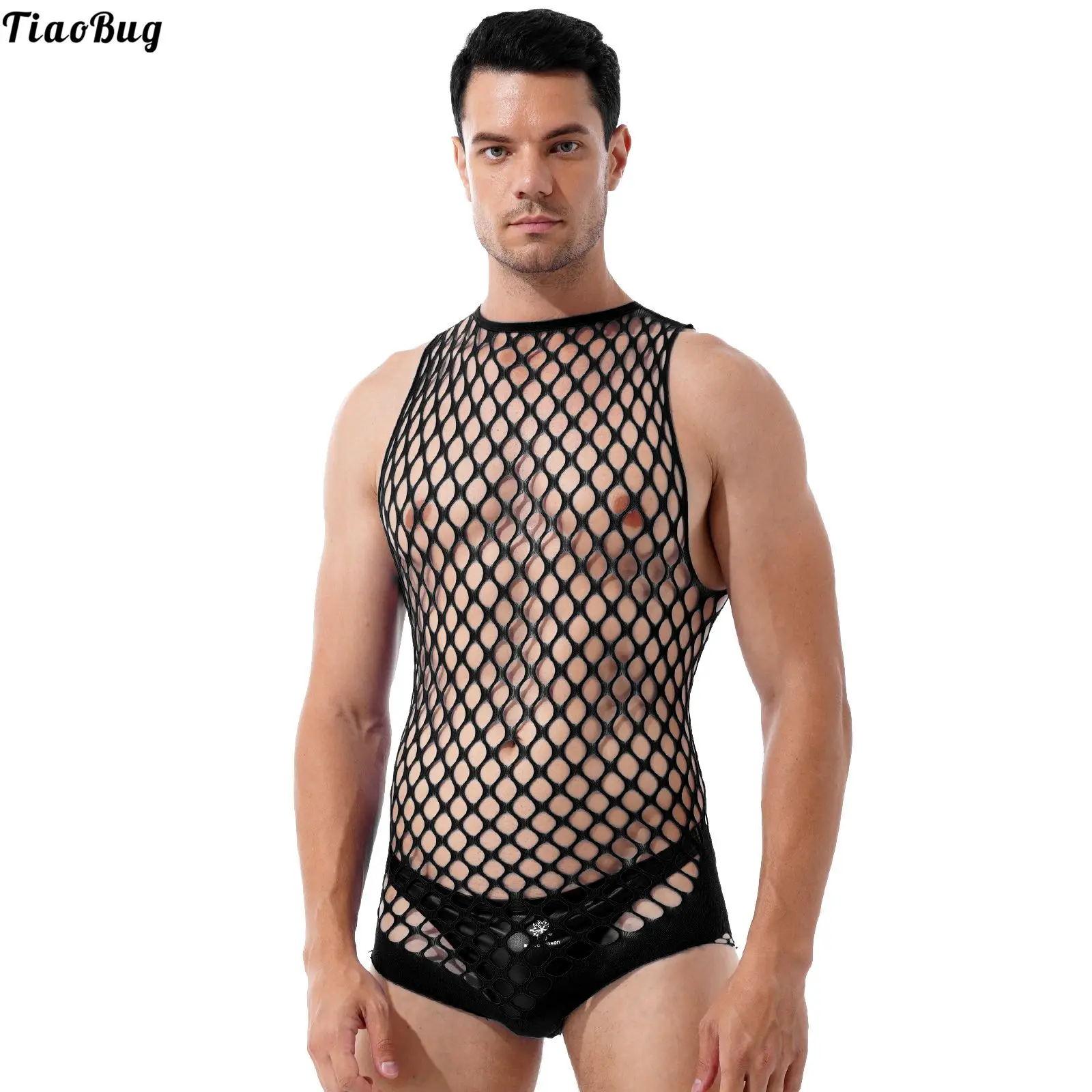 TiaoBug Men One-Piece Hollow Out Netted Bodystockings Lingerie Halter Neck Sleeveless See-Through Stretchy Bodysuits Swimwear