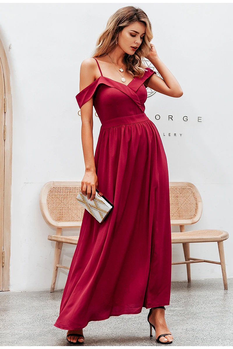Simplee сексуальное элегантное платье макси с открытыми плечами с v-образным вырезом на подтяжках длинное вечернее платье для женщин с высокой талией осеннее красное вечернее платье