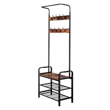

3 in 1 Industrial Vintage Coat Rack Shoe Bench Particleboard Metal Frame Hall Tree Entryway Storage Shelf with Hooks