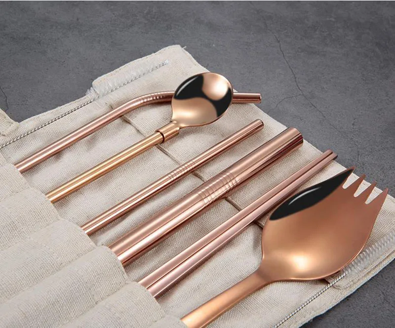 Environmental Protection Reusable Straw Salad Knife Fork Spoon Set Stainless Steel Tableware Field Portable Cloth Tableware