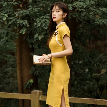 

Chinese Dress Vintage Women Oriental Robe Cheongsam Cotton Yellow Qipao China Elegant Female Clothing Traditional Qipao Dresses