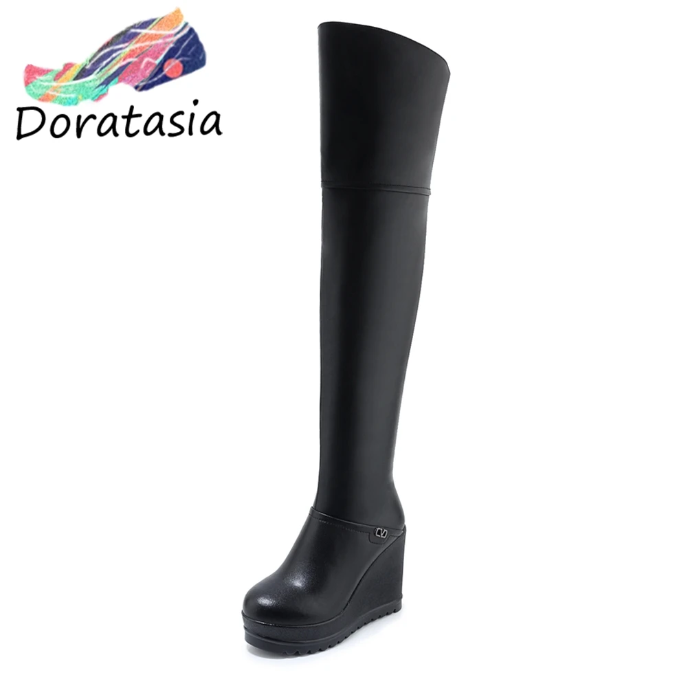

New Fashion Genuine Cow Leather Hot Sale Wedge High Heel Winter Boots Woman Shoes Women Zipper Black Shoes Woman Boots
