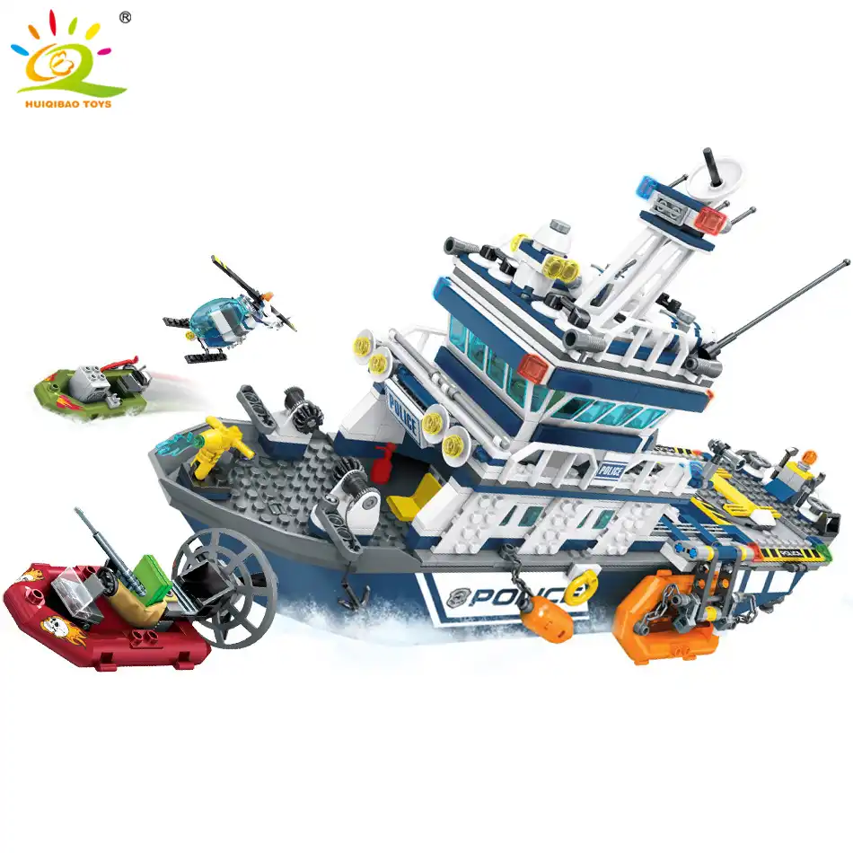 Police Patrol Boat Helicopter Model Building Blocks Compatible For Child 869pcs