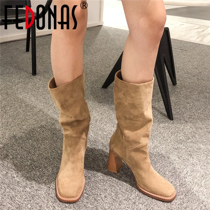 

FEDONAS Newest Flock Slip On Women Mid-Calf Boots Party Prom Shoes Woman High Heels Euro Style Brand Long Boots Western boots
