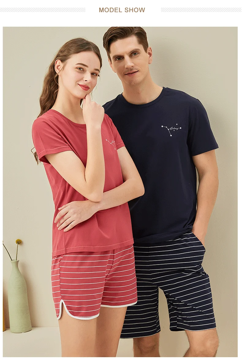 mens cotton pyjamas Summer Fashion Men's Navy Blue Striped Round Neck Pajamas Set Fashion Short-Sleeved Shorts Refreshing Home Clothes mens cotton pajama sets