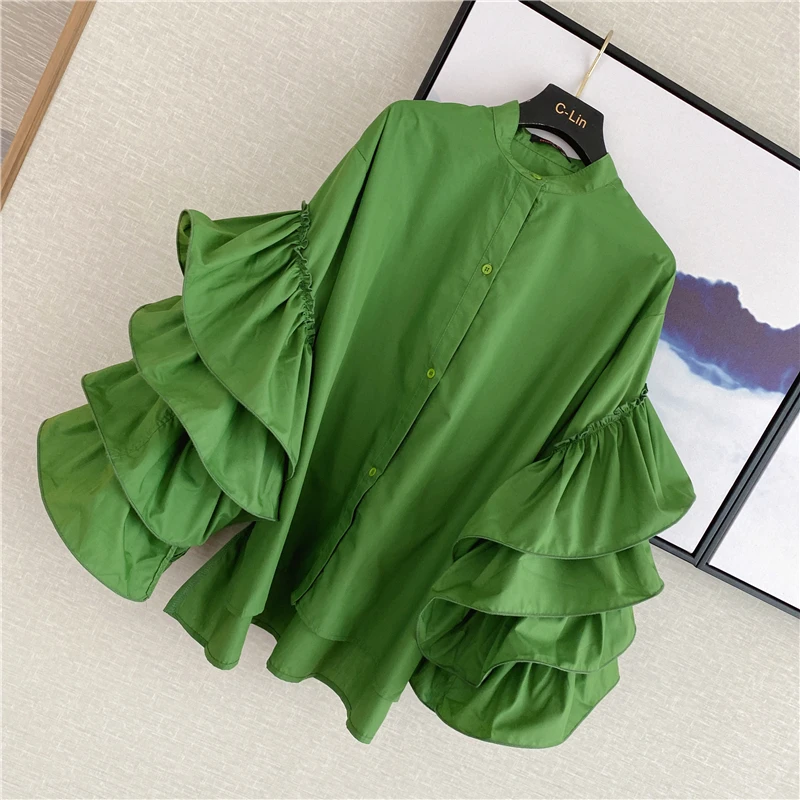 

Blusas Mujer De Moda 2020 Spring Shirt Stereo Lace-up Bubble Long Sleeve Irregular Ruffles Blouse Blouses Lady Tops Green Shirt