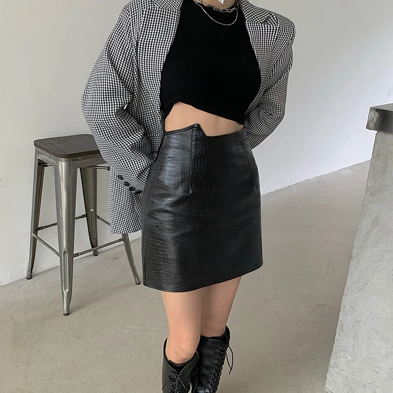 White Pattern Leather Skirt Women's Autumn Winter High Waist Petite Hip line Rac | Женская одежда