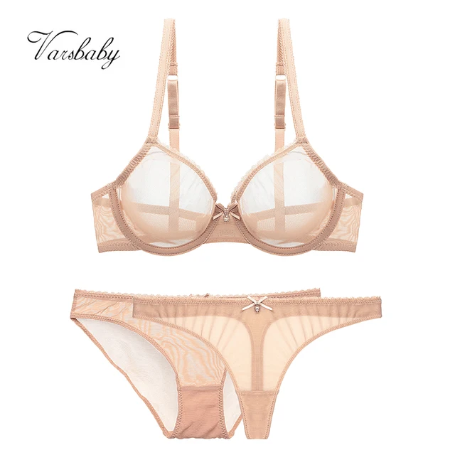 Varsbaby ultra-thin cup mesh lace underwear transparent unlined 1 bra+2 panties plus size bra set for ladies 1